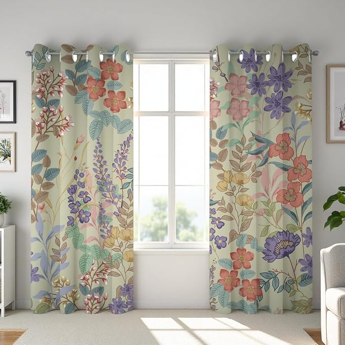 Black 100% Blackout Floral Curtains for Bedroom 84 inch Long 2 Panels Sage Green Vintage Full Light Blocking Room Darkening Window Drapes, Thermal Insulated Black Out Curtain for Living Room 52x84