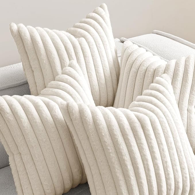 MIULEE Faux Fur Plush Decorative Throw Pillow Covers 20x20 Set of 4, Spring Modern Soft Fuzzy Striped Cushion Covers for Sofa Couch Bed Living Room Cozy Home Decor,Cream White