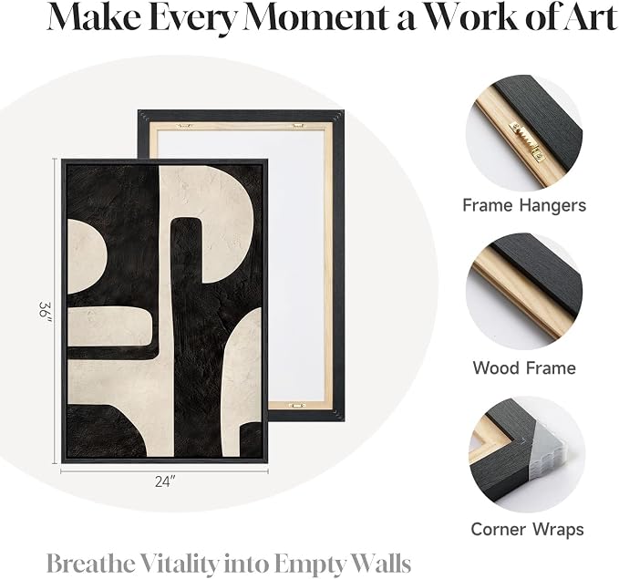 Large Framed Abstract Set of 2 Wall Art for Living Room, Neutral Black Beige Geometric Modern Canvas Artwork for Walls, Minimalist Painting Print Wall Decor Bedroom Hallway Home Office, 24x36 Inch