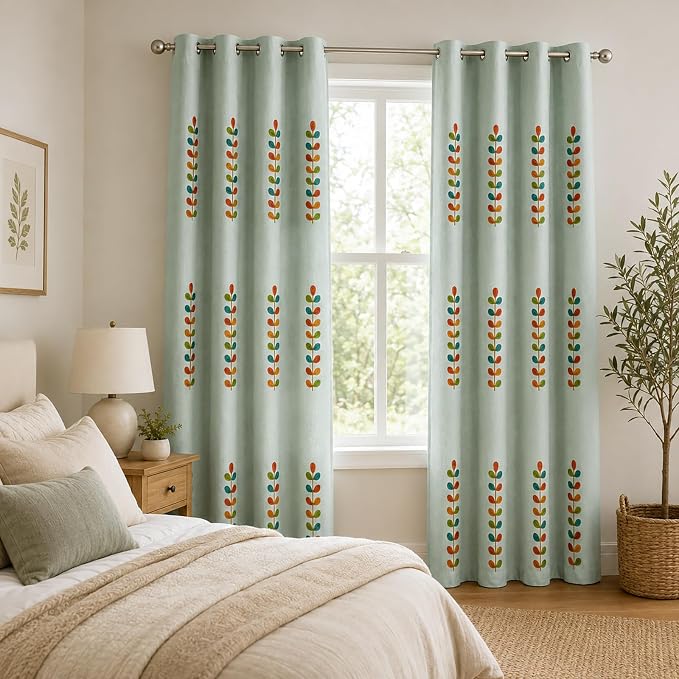 VOGOL Linen Curtains 96 Inches Long, Colorful Leaves Embroidered Grommet Drapes and Curtain Panels for Living Room/Bedroom, 52 X 96, 2 Pieces