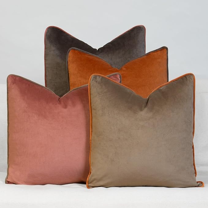 Decorative Throw Pillow Set of 4, 18" x 18" Solid Colorful Velvet Accent Pillow Covers, Terracotta Earth