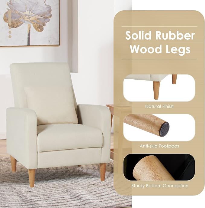 COLAMY Mid-Century Modern Accent Chairs Set of 2, Fabric Upholstered Living Room Chairs with Back Pillow & Solid Wood Legs, Comfy Armchair for Living Room, Bedroom, Beige
