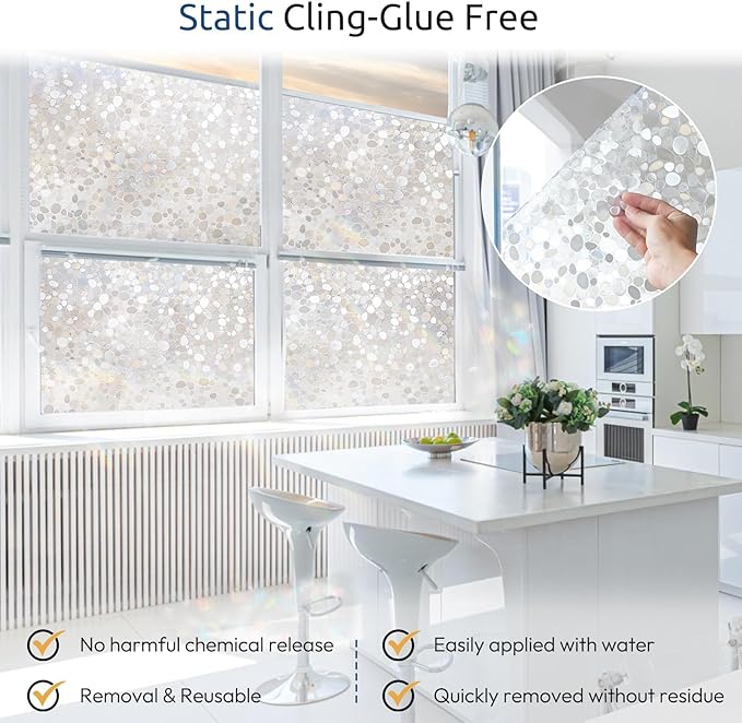 rabbitgoo Window Privacy Film, Decorative Rainbow Window Clings for Glass Covering, Static Cling Non Adhesive Door Stickers UV Blocking, Stained Glass Vinyl Decal, 3D Pebble, 17.5 x 118.1 inches
