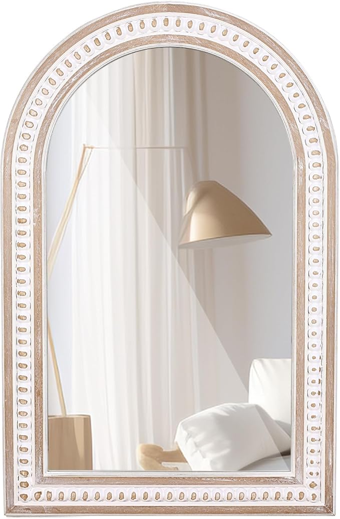36x24 Inch Arched Wall Mirror, Rustic Farmhouse Arch Mirror for Bathroom | Raised Bead Detailing Adds Boho Character Above Sinks, Vanities, Consoles, Dressers, Mantels, or Sideboards