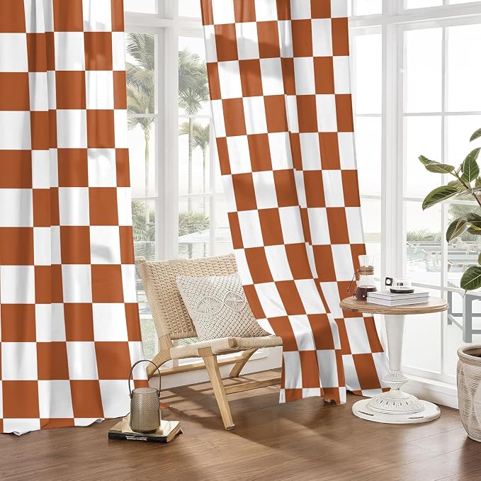 Orange Checkered Curtains for Bedroom,Rod Pocket Burnt Orange Semi Sheer Curtains Farmhouse Retro Checkerboard Light Filtering Drapes for Living Room,Set of 2 Window Curtain Panels,52 x 84 Inch