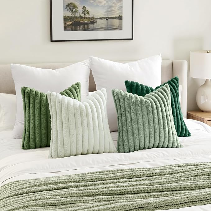 MIULEE Faux Fur Plush Decorative Throw Pillow Covers 18x18 Set of 4, Spring Modern Soft Fuzzy Striped Cushion Covers for Sofa Couch Bed Living Room Cozy Home Decor,Green