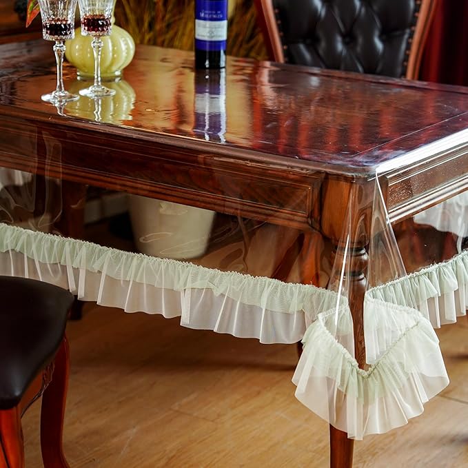 SUTAVIA Clear PVC Tablecloth Green Ruffle Edge Waterproof Transparent Rectangular Table Protector for Dining Table Home Kitchen Party Outdoor Picnic (Green Ruffle, Oblong, 52"x70")
