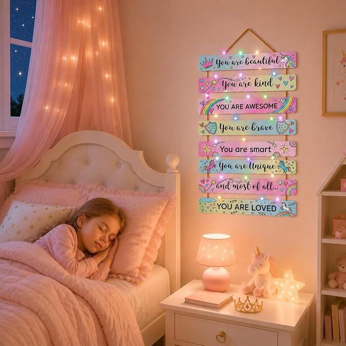 Cute Unicorn Room Decor Set of 8 with Led Light for Teen Girls Kids Toddler, Preppy Inspirational Rainbow Wood Nursery Wall Decor for Dorm Bedroom, Dreamy Cozy Chic Motivational Princess Room Decor