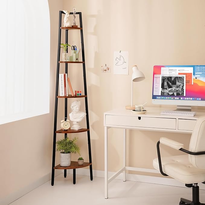 Yoobure 5‑Tier Corner Shelf – Sturdy Metal Frame & Wood Ladder Bookshelf, Space‑Saving Display Shelves for Plants & Books, Easy Assembly, for Bedroom, Living Room, Office, Balcony