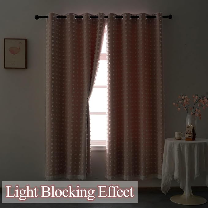 Light Pink Blackout Curtain Drapes Girls Room Decor 84 Inches Long Pom Pom | Single Panel Double Layer Boho Sheer Overlay Cute Nursery Thermal Insulated Bedroom Darkening Window Treatments Cortina Blush