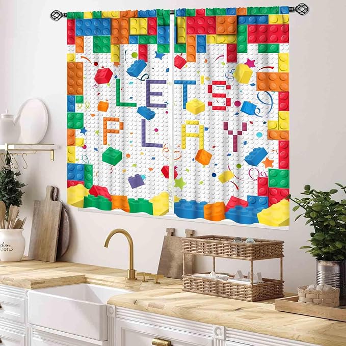 Building Blocks Curtains for Boys Room, Abstract Colorful Plastic Building Brick Blocks Geometric Printed Pattern Window Treatment Drapes for Kids Baby Bedroom Living Room, 55x39 Inch