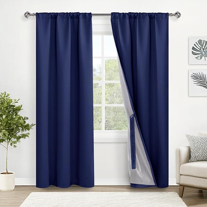 XWZO Full Blackout Curtains 84 Inches Length with Tiebacks- Heat and Light Blocking Rod Pocket & Back Tab Window Drapes with Black Liner Backing for Bedroom/Kid's Room, Navy Blue, W42 x L84, Set of 2