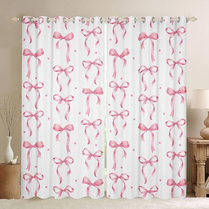 Feelyou Girls Bow Blackout Curtains Pink Bowknot Darkening Drapes for Bedroom Living Room Dreamy Princess Thermal Insulated Shades Coquette Aesthetic Window Treatments, 2 Panels 42 x 63 Inch Cute
