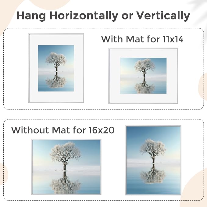 FLYJOE 16x20 Metal Picture Frame For Wall With Mat For 11x14, 16''x20'' Aluminum Photo Frames With Tempered Glass, Minimalist Modern Poster Frame Horizontally Vertically Set of 3, Silver
