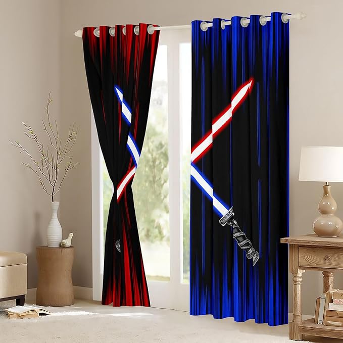 Feelyou Lightsaber Curtains for Living Room (2 Panels, 52 x 90 Inch) Kids Blue Red Ombre Blackout Curtains Boys Teens Lightsaber Grommet Darkening Drapes Future Technology Window Treatments