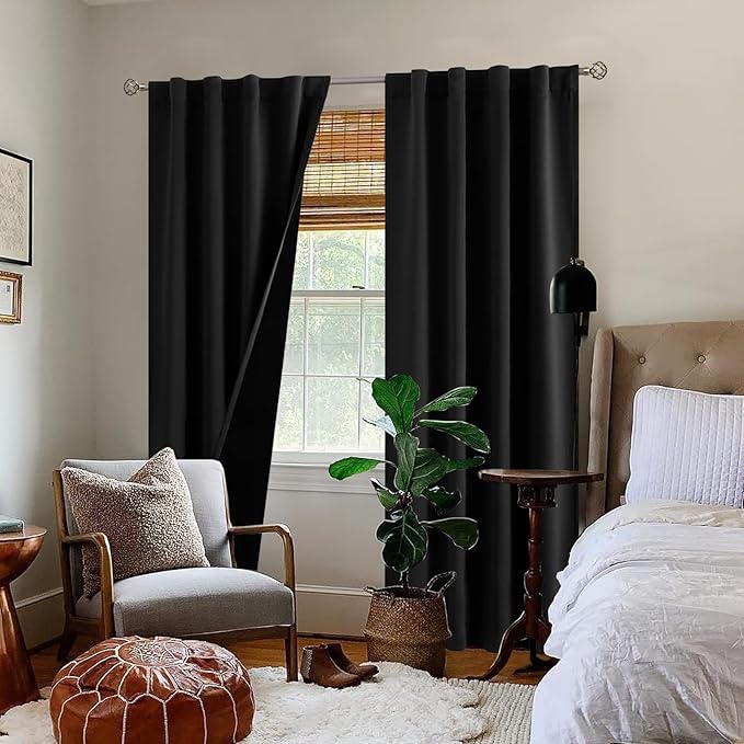 BGment Black 100% Blackout Curtains for Bedroom, 84 Inch Length 2 Panels Set Black Out Living Room Panels with Thermal Liner, Rod Pocket and Back Tab Double Layer Room Darkening Drapes, 38 x 84 Inch
