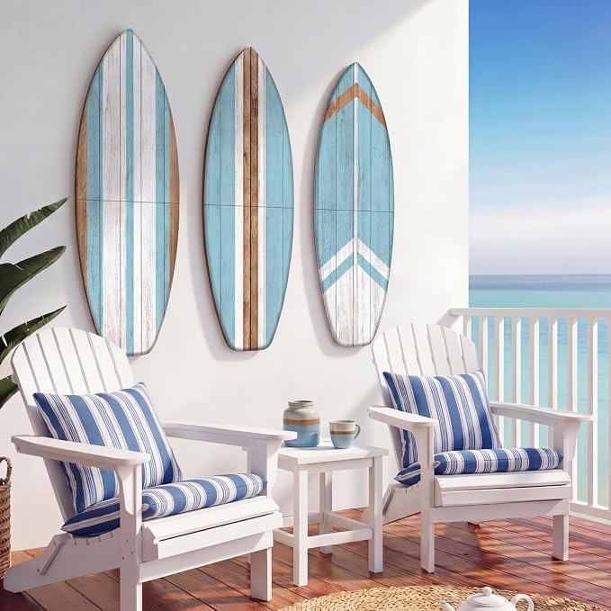 Yookeer 3 Pcs Surfboard Wall Decor,36" x 12" Large Wooden Coastal Beach Wall Decor Set, Aesthetic Cute Beachy Tropical Surf Board Art for Room Bedroom Decoration(Blue,Classic)