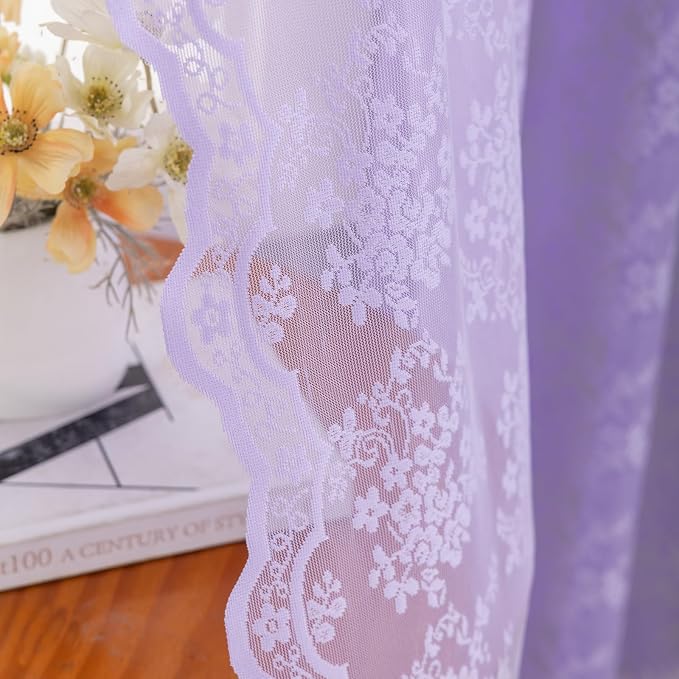 YJ YANJUN Vintage Lace Curtains 54 Inch Length-Victorian Floral Pattern Lavender Sheer Curtain Panels for Living Room Bedroom,Light Filtering, Romantic Girly Drapes 2 Panels 52W x 54L Light Purple