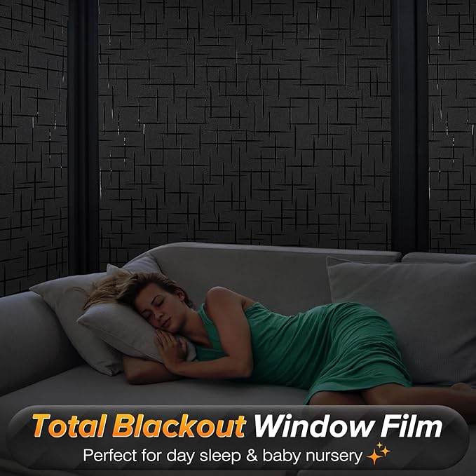 rabbitgoo Blackout Window Film, Sun Light Blocking Room Darkening Privacy Window Cover, Removable Day Sleep Black Out Shades Tint for Home Frosted Glass Film, 3D Cross, Black, 35.4" x 78.5"
