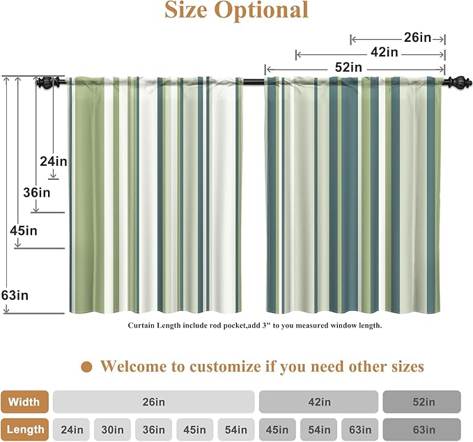 Renaiss 26 x 24 Inch Green Stripe Linen Kitchen Curtains Rod Pocket Window Treatment Tier Decor Curtain for Living Room Bathroom Cafe Small Window Farmhouse Rustic Pinstripe Window Drapes 2 Panels