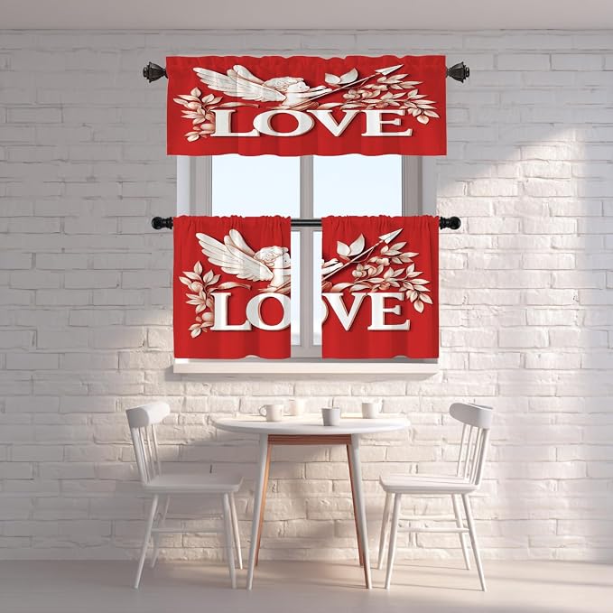 Shrahala Cupid Love Blackout Short Curtains for Windows, Romantic Love Kitchen Valance Thermal Insulated Rod Pocket Window Treatment for Bathroom 2 Pack 52 X 16 in