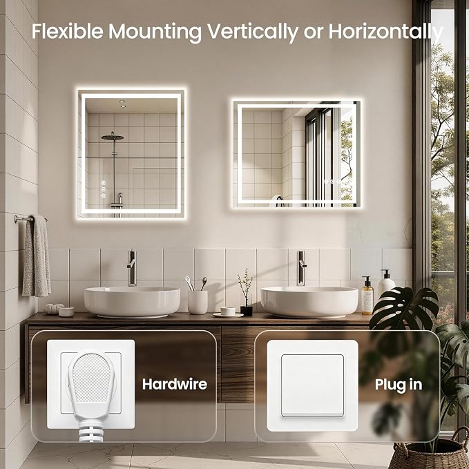 28X36 LED Bathroom Mirror with Lights, Anti-Fog, Backlit + Front Lit, Lighted Bathroom Vanity Mirror for Wall, Memory Function, Dimmable, Tempered Glass, Shatter-Proof