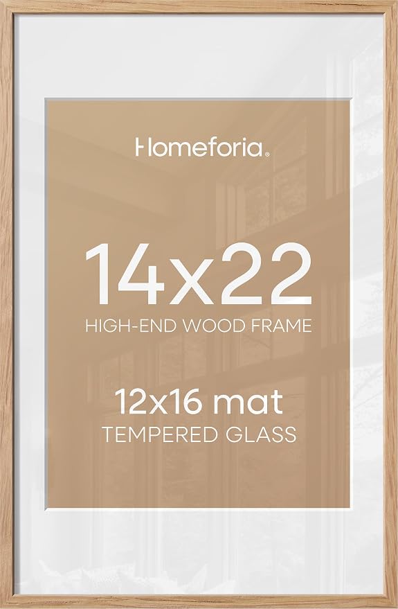 Homeforia 14x22 Picture Frame Wood, High End Natural Oak 14x22 Light Wooden Poster Frame with Mat 12x16, 14 x 22 Frames Matted to 12 x 16 Photo, 22x14 Hanging Frame, Tempered Glass, Wall Kit, Set of 1