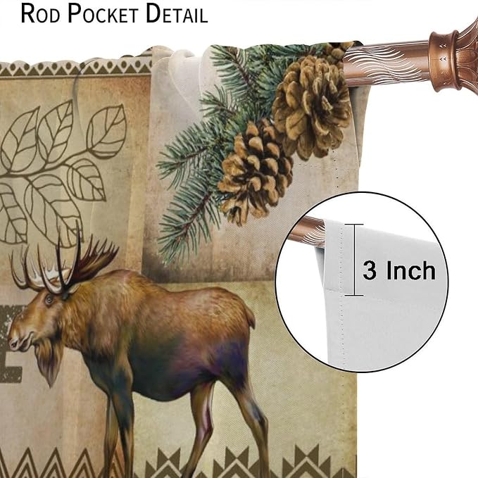 Country Bear Deer Blackout Curtains for Kitchen Vintage Farmhouse Plaid Hunting Forest Lodge Wildlife Bear Elk Pinecone Lake Window Treatments for Farmhouse Bedroom Living Room 52x84in