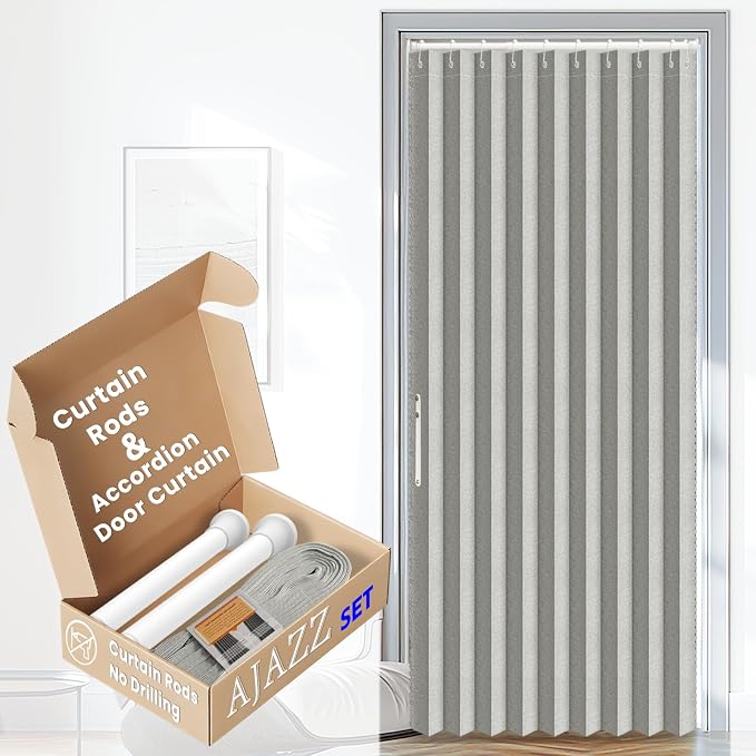 AJAZZ Set: Curtain Rods No Drilling (28-39" W Adjustable Range) & Accordion Door Curtain Grey 42W×78" L, Accordion Doors for Closet Doorway Room Divider