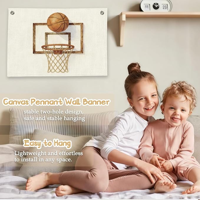 RTXLEZM Basketball Room Decor for Boys, Retro Basketball Hoop Canvas Banner Wall Hanging, Kids Playroom Wall Art Prints for Kids Toddler Boys Nursery Room Bedroom Playroom Decor, 20x30 Inch