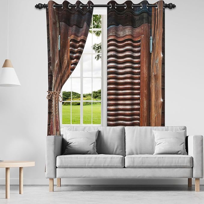 Rustic Wooden Barn Door Blackout Window Curtains Wood Planks Farm Farmhouse Curtains Country Retro Western Vintage Brown Window Treatments Kitchen Bedroom Living Room Decor,26x63 inch,2 Panels