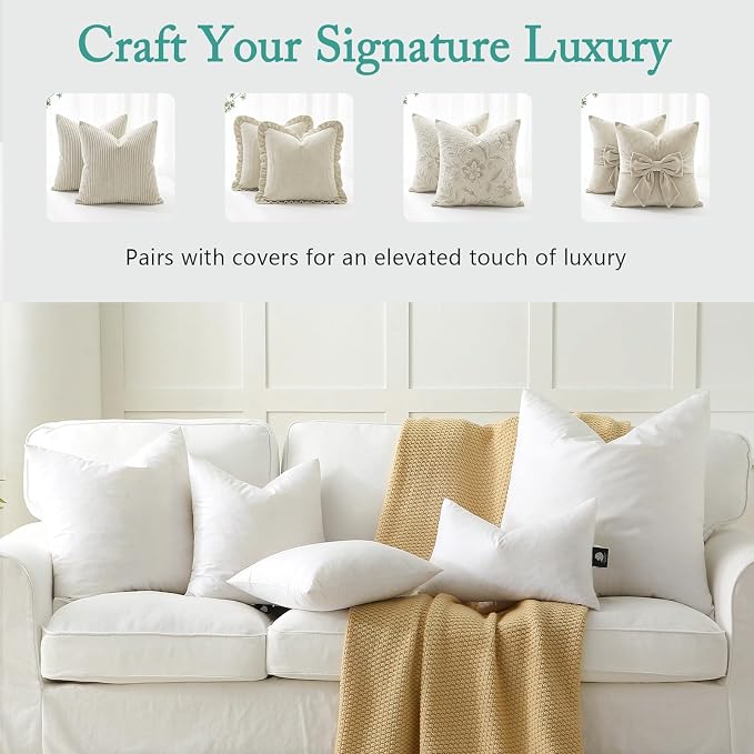BPC Luxury Feather Down 24x24 Pillow Inserts Set of 2, Soft Fluffy Throw Pillow Inserts, 100% Organic Cotton Cover, Square Pillows for Couch, Living Room, Bed, Sofa