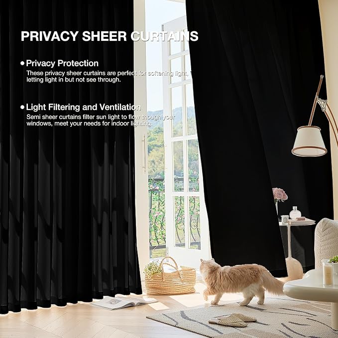 Anmao Non-See-Through Black Privacy Curtains for Living Room 63 Inch Length 2 Panels Set, Semi Sheer Light Filtering Window Curtains Drapes for Bedroom, 52 Inch Wide Each Panel