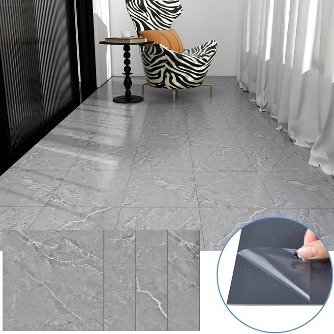 Peel and Stick Floor Tiles 10-Pack,Grey Marble Pattern Flooring,12"x12" Self Adhesive Waterproof Vinyl Flooring DIY for Kitchen Bathroom Dining Room Bedroom Living Room Laundry,Cover 10 Sq.Ft