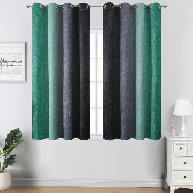 Estelar Textiler Black and Green Ombre Blackout Curtains 45 Inches Long, Full Room Darkening Gradient Drapes for Bedroom, Thermal Insulated Grommet Curtains for Short Window,52Wx45L,2 Panels