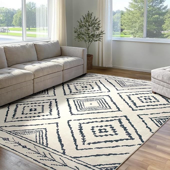 BESTSWEETIE Area Rug 6x9 Rug Machine Washable Non-Slip Low Pile Print Pattern Western Rug for Living Room Bedroom Entryway Tribal Series -Navywhite/Black