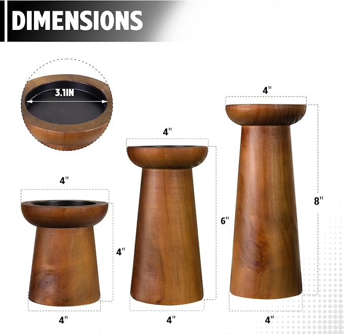Pillar Candle Holders Set of 3， Wooden Candle Holders， Decorative Wood Candlestick Holders for Living Room, Table Centerpiece for Wedding, Christmas, Party, Home - 4", 6", 8"