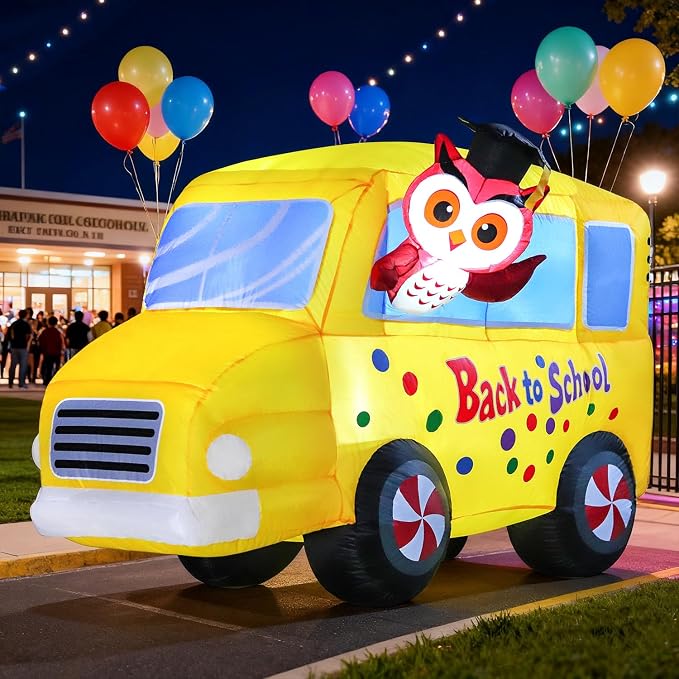 DomKom 6FT Back to School Inflatable Professor Owl & School Bus with LED Lights – Blow Up Decor for Kindergarten First Day, Welcome Back & Graduation Parties, Ideal for Patio, Garden & Yard Décor