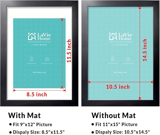 LaVie Home 11 x 15 Picture Frame Black Poster Frame,Display Pictures 9x12 with Mat or 11x15 Without Mat, Stable and Sturdy Frame and Polished Plexiglass, Horizontal and Vertical Format of The Walls