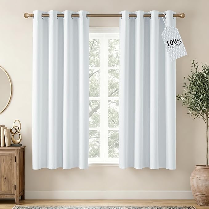 NICETOWN Farmhouse 100% Blackout Linen Curtains for Bedroom, Off White, 52" W x 63" L, Set of 2, Burlap Textured Textured Linen Look Privacy Window Treatment for Kitchen