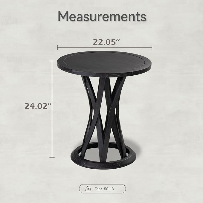 COZAYH Round Farmhouse End Table with Crisscross Pedestal Base, Distressed Finish Side Table Rustic Accent Table for Living Room, Pine Wood, Black