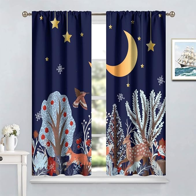 Rustic Animal Curtains, Wild Forest Animal Bear Fox Deer Kids Window Treatments for Living Room Bedroom, Farmhouse Woodland Blackout Drapes 2 Panel Sets, 72x63 Inch