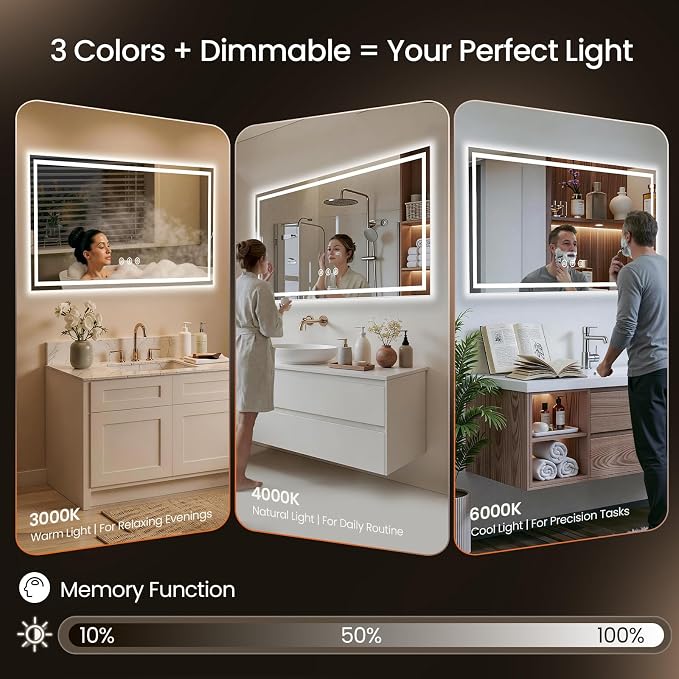 48X40 LED Bathroom Mirror with Lights, Anti-Fog, Backlit + Front Lit (CRI>90), Lighted Bathroom Vanity Mirror for Wall, Memory Function, Dimmable, Tempered Glass, Shatter-Proof