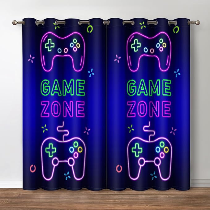 Jekeno Gaming Gamepad Gamer Blackout Curtains Video Games Controller Neon Sign Pattern Decor Home Apartment Bedroom Living Room Darkening Grommet Window Drapes 2 Panels Set,42x54 Inch