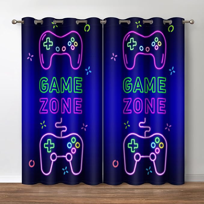 Jekeno Gaming Blackout Curtains for Bedroom 63 inch Long 2 Panels Set Modern Gamer Gamepad Black Out Curtain Video Games Controller Neon Sign Room Darkening Window Drapes for Living Room Decor 52Wx63L