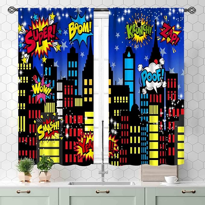 Superhero City Curtains, Comic Night Starry Skyline Cityscape Buildings Comic Blackout Window Curtains for Boys Kids Baby Room Bedroom Living Nursery 2 Panel Sets, 55x39 Inch
