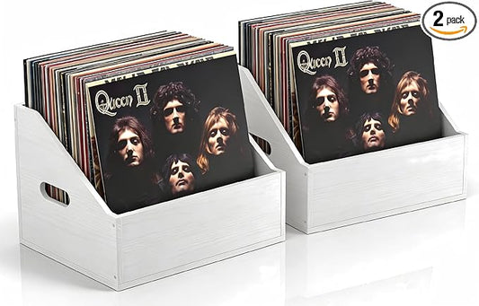 2 Pack Wood Vinyl Record Storage, Retro & Durable Vinyl Crate and Record Holder, Album Storage Record Case Box for 60+ Records, Perfect Record Organizer for Home Decor and Collection Display(White)