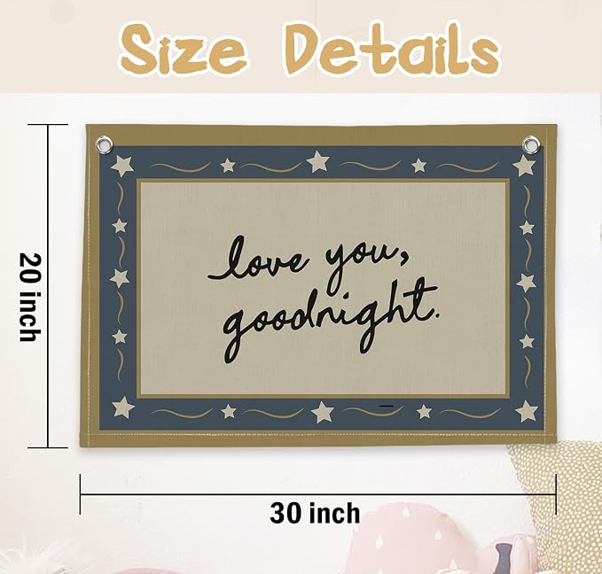 RTXLEZM Boys Girls Room Decor,Love You Goodnight Kids Toddler Nursery Room Canvas Banner Wall Hanging,Retro Navy Blue Neutral Nursery Wall Art Prints for Boys Girls Bedroom Playroom Decor,20x30 Inch