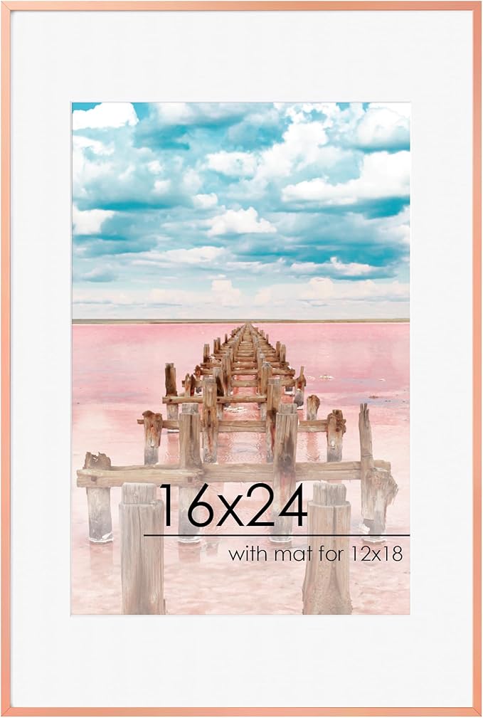 FLYJOE 16x24 Frame | 16x24 Poster Frame With Mat For 12x18 | Metal Aluminum Picture Frame With Tempered Glass | Minimalist Modern Poster Frame | Hanging Hardware Included | Rose Gold