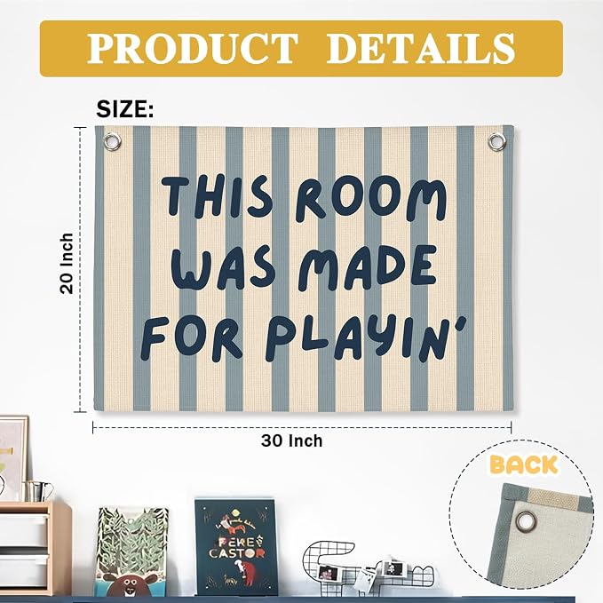 Playroom Wall Decor, This Room Was Made For Playin Linen Canvas Banner, Toddler Playroom Decor Kids Toy Room Nursery Wall Decor for Toddler Boys Bedroom, 30x20 Inch